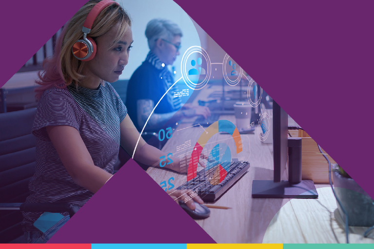 Woman at her computer wearing headphones with a tech looking overlay on the image. Purple triangles flock the image as well.