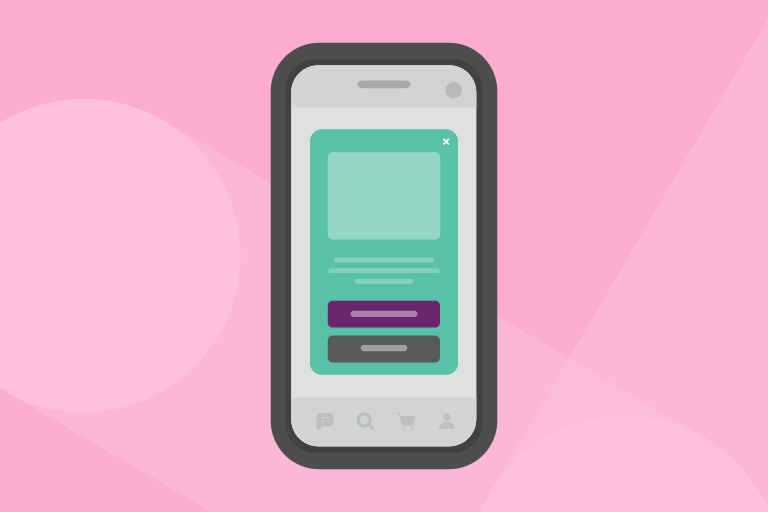 Pink background with white Iterable nodes overlayed. In the foreground and center of the image is an illustrated smartphone with the silhouette of an in-app message.
