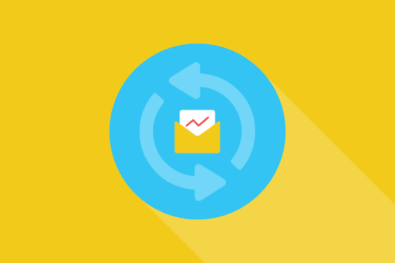 Yellow background with a blue circle int he center. In the blue circle are two, light blue arrows in a circle showing a cycle with a yellow envelope in the middle. In the yellow envelop is a white paper with a red line graph on it.