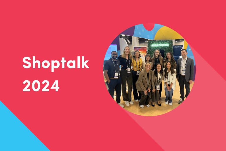 Red background with photo if Iterable team in a round circle with "Shoptalk 2024" on the left side.