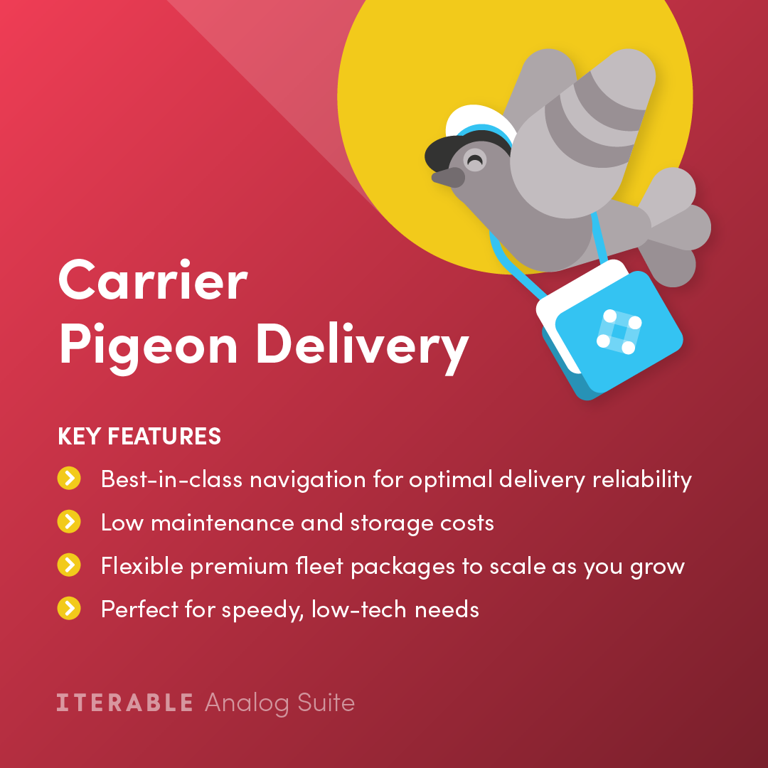 red background, carrier pigeon in the top right corner with a blue messenger bag that has the iterable logo on it
