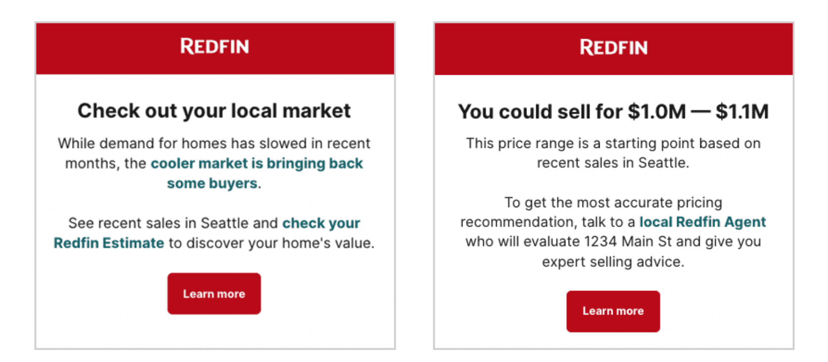 Side by side of two examples of Redfin emails identified as high converting emails. 