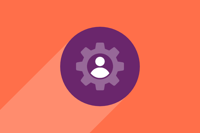 Orange background, purple circle in the middle with a white gear icon and a person icon in the center of the gear