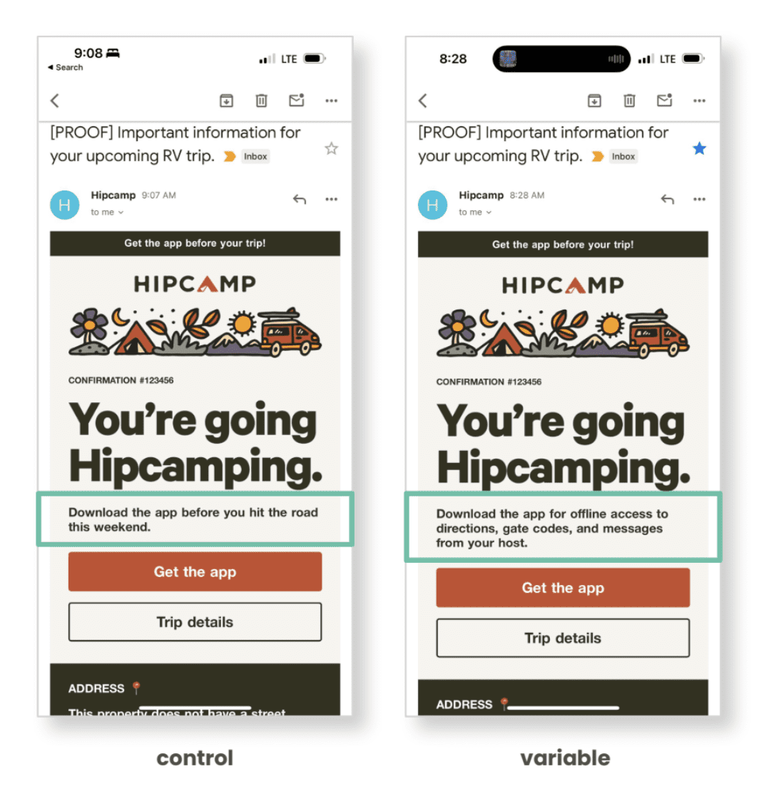 Two emails, side by side, showing slightly different copy. 