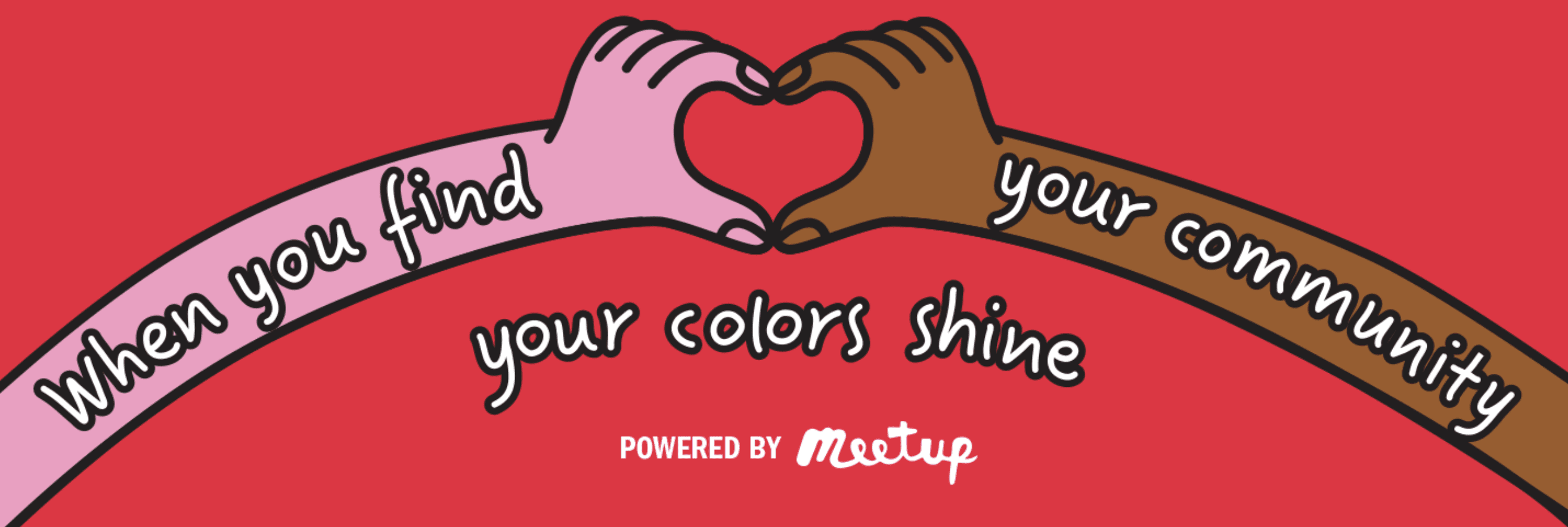 Screenshot of two illustrated hands meeting to form a heart with the words "When you find your community your colors shine."