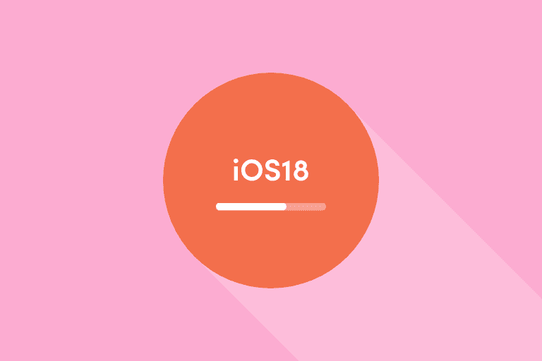 Graphic of an orange circle with 'iOS18' written in white in the center and a progress bar below it, set against a pink background with a long shadow effect.