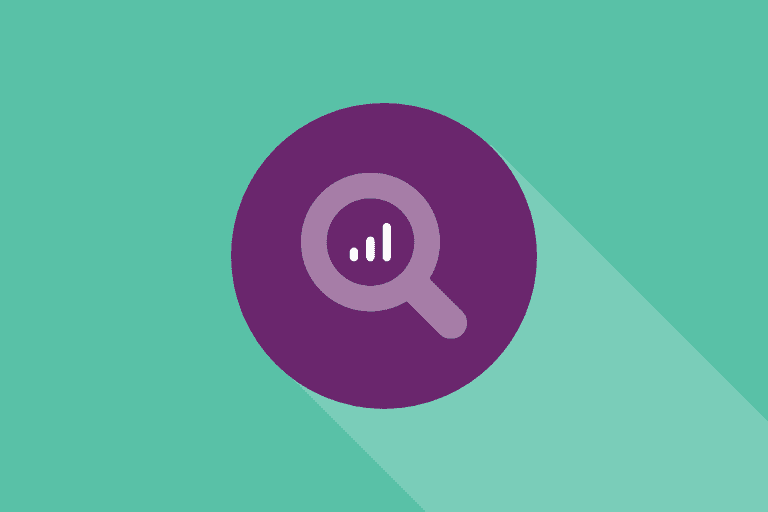 A teal background with a large purple circle in the center. Inside the circle is a magnifying glass icon with a bar graph in the lens, both in lighter shades of purple.