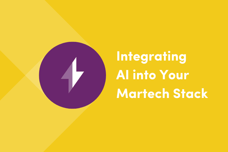A vibrant image with a yellow background featuring a purple circle containing a white lightning bolt icon. To the right, bold white text reads "Integrating AI into Your Martech Stack."