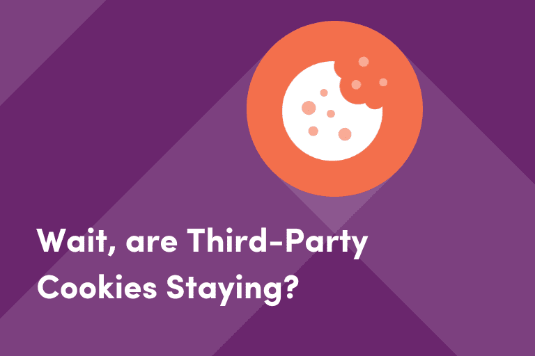 Illustration of a bitten cookie with text: 'Wait, are Third-Party Cookies Staying?' against a purple background with diagonal stripes.
