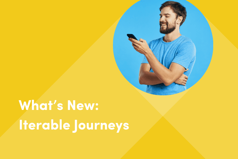 A promotional image for Iterable Journeys features a man in a blue shirt, smiling and looking at his smartphone against a bright blue circular background. The rest of the image has a yellow geometric background with the text "What's New: Iterable Journeys" prominently displayed on the left side.