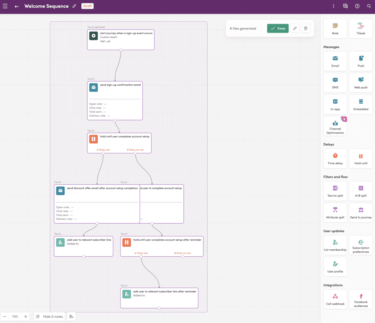 Screenshot of a welcome sequence workflow in Iterable. The workflow includes steps such as starting a journey when a sign-up event occurs, sending a sign-up confirmation email, holding until the user completes account setup, sending a discount offer email, and adding the user to relevant subscriber lists. Various elements like messages, delays, filters, and user updates are visible on the right-hand side panel.