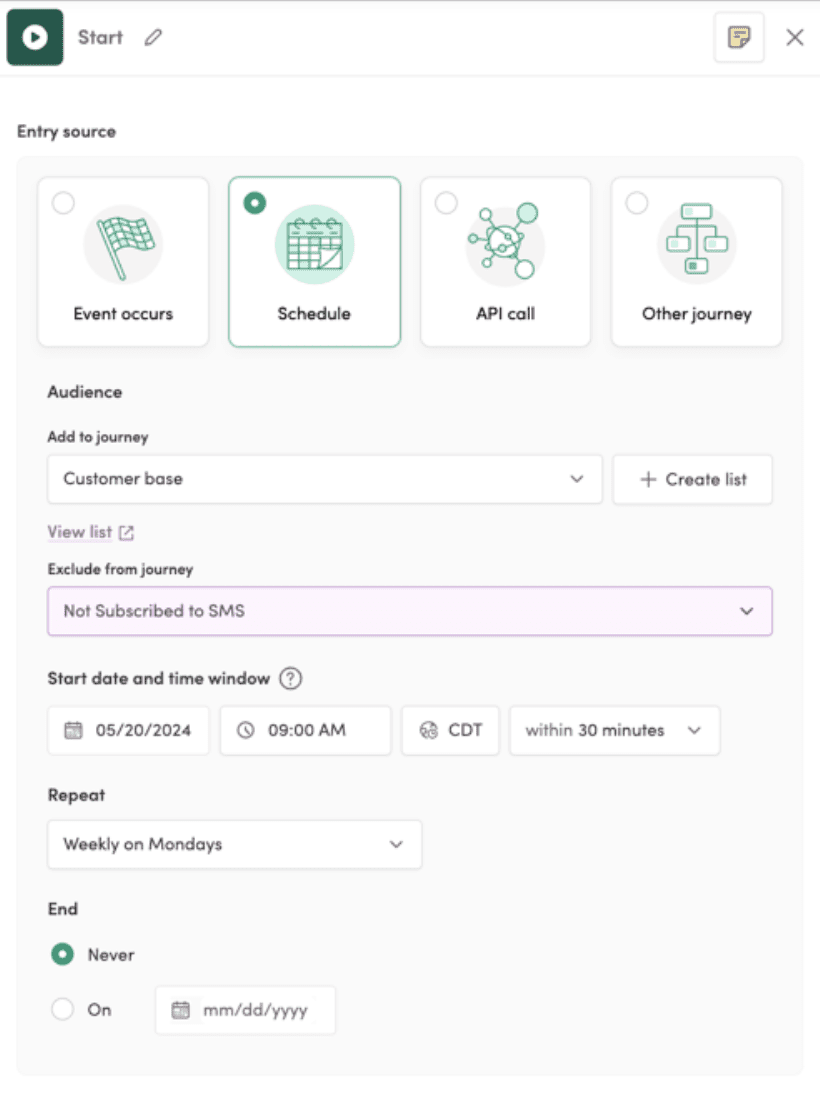 The image displays a user interface for scheduling a journey entry source. The selected options include scheduling for a customer base, excluding those not subscribed to SMS, starting on 05/20/2024 at 09:00 AM CDT, and repeating weekly on Mondays with no end date. Icons for other entry sources such as "Event Occurs," "API Call," and "Other Journey" are visible but not selected.