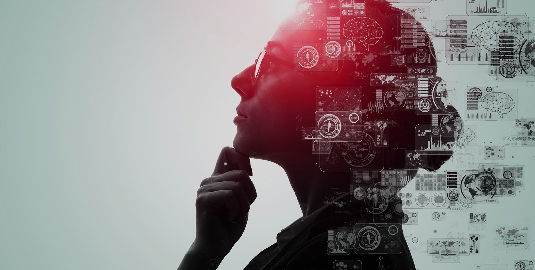 The image shows a person in profile, contemplating with a hand on their chin. They are wearing glasses and appear to be deep in thought. Overlaid on the image are various graphical elements and icons related to technology and data, such as brain diagrams, charts, and user interface components, suggesting themes of artificial intelligence, data analysis, and futuristic technology. The image has a predominantly gray and red color scheme.