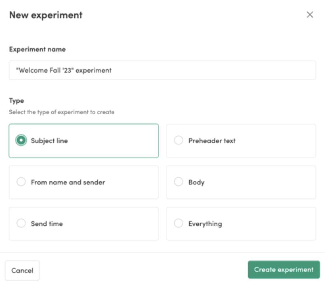 The title at the top reads "New experiment." Below this is a field labeled "Experiment name," which contains the text "Welcome Fall '23' experiment." Under the "Type" section, there are several options for the type of experiment to create, with the following options: Subject line (selected), Preheader text, From name and sender, Body, Send time, Everything. And at the bottom right corner, there is a green button labeled "Create experiment," and on the bottom left corner, a "Cancel" button.