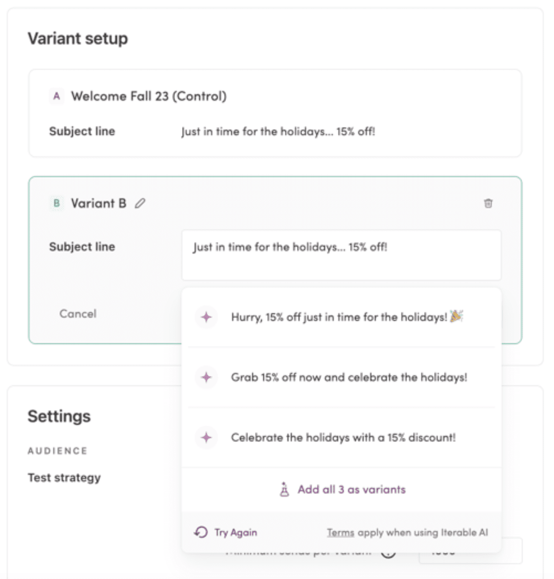 The image shows a "Variant setup" screen for creating an A/B test in a Iterable. It includes a control variant named "Welcome Fall 23" with the subject line "Just in time for the holidays... 15% off!" and a Variant B section with an editable subject line and suggested alternatives. There are options to add all suggested variants, cancel, and a "Try Again" button at the bottom, with settings for audience and test strategy visible below.