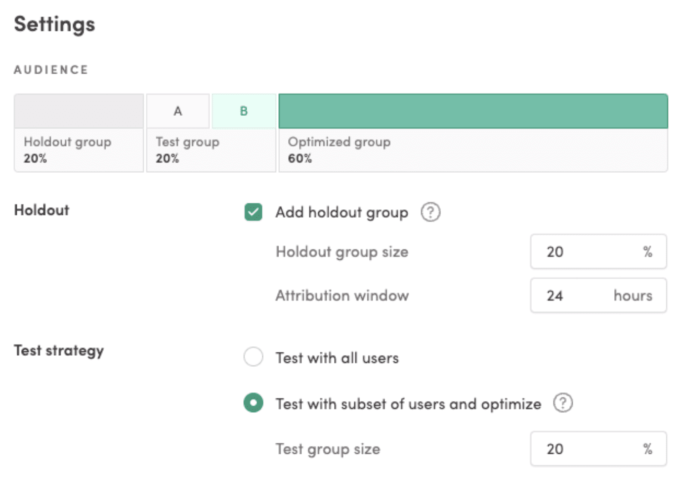 The image shows the "Settings" section for audience segmentation in Iterable. It includes options for a holdout group, test groups, and an optimized group, with percentages set at 20%, 20%, and 60% respectively. There are settings for adding a holdout group, specifying the holdout group size and attribution window, and choosing between testing with all users or a subset of users, with the test group size set at 20%.