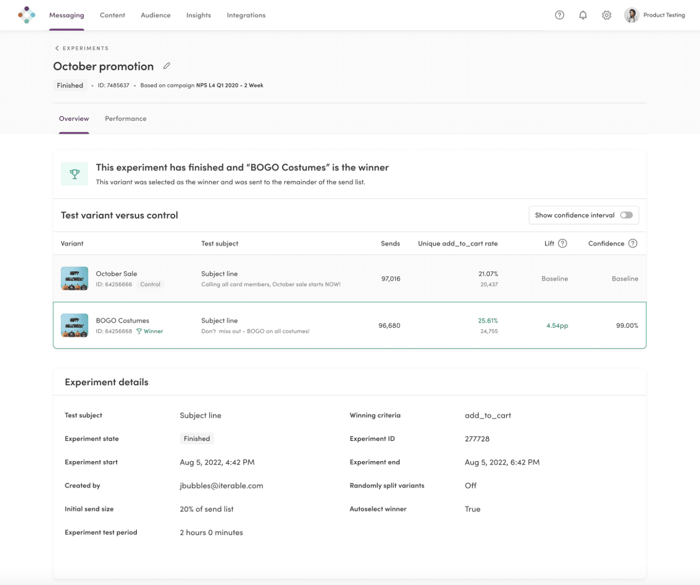 The image shows the results of an "October promotion" experiment in Iterable, indicating that the "BOGO Costumes" variant is the winner. It compares the test variant against the control, showing metrics like the number of sends, unique add-to-cart rate, lift, and confidence. Detailed experiment information is provided, including the test subject, start and end times, experiment ID, creator, initial send size, and test period duration.