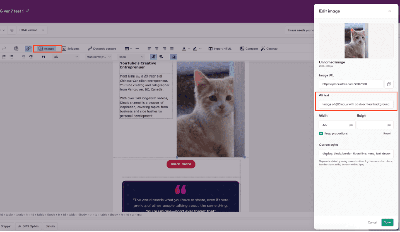 Screenshot of adding alt text in Iterable's WYSIWYG editor