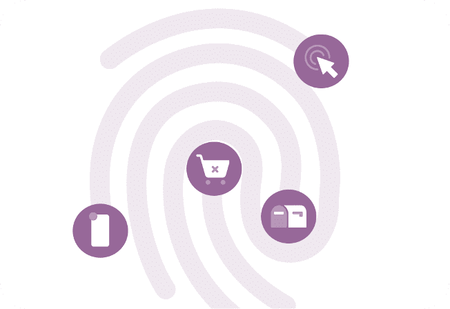 Depiction of quantative data with icons for a shopping cart, mailbox, mobile phone, and cursor