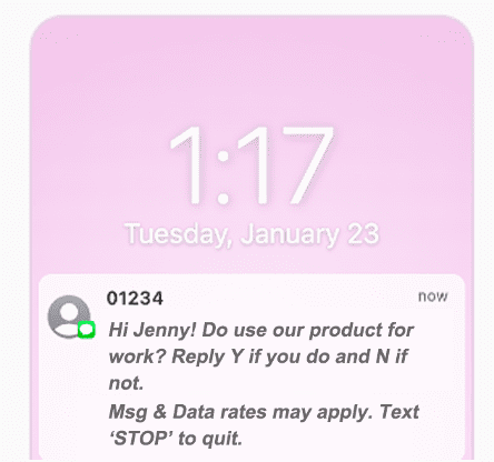 SMS survey: "Hi Jenny! Do you use our product for work? Reply Y if you do and N if not."